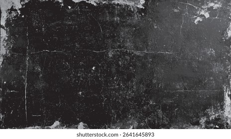 Aged and weathered textured black grunge background with distressed surface, cracks, and peeling paint suitable for various design needs.