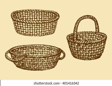 Aged willow bast bread pottle isolated on white background. Freehand contour ink hand drawn picture sign sketchy in grunge art antique doodle style pen on paper. Closeup side view with space for text