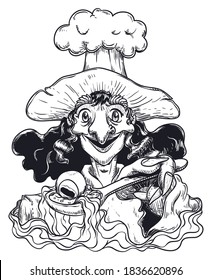Aged witch wearing a chef hat, cooking a special concoction made with eye, legs and other magic ingredients and giving a taste for you.
