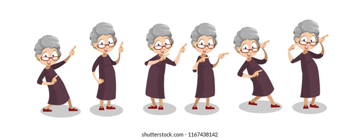 Mujer mayor con gestos señaladores. Mujer anciana positiva apuntando hacia arriba y hacia arriba. Gracioso conjunto de animaciones en pie de caricatura. Las emociones y expresiones de la gente vieja ilustran vectoriales