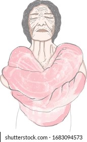 Aged Woman Hugging Herself, Self Care Act, Older Female, Gray Hair, , Self Hug In Heart Shape