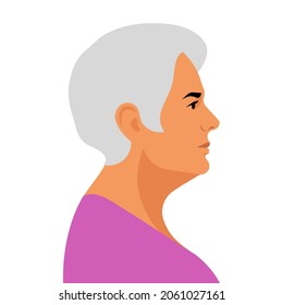 Perfil de la mujer mayor. Mujer anciana anciana adulta. Granja de generación plateada, vista lateral. Pensionista. Ciudadano mayor. Ilustración vectorial moderna contemporánea.