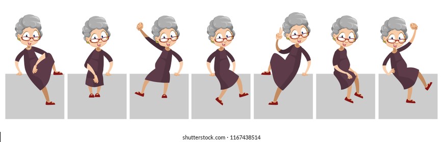 Aged woman sitting in different poses. Funny granny with various hand gestures. Old woman sitting on platform. Funny grandmother personage. Animated female pensioner character vector illustration