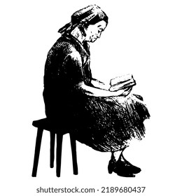 Aged Woman Sitting On A Wooden Chair Reading A Book. Grandmother Portrait. Hand Drawn Sketch. Black And White Silhouette.