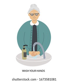 

aged woman stands near the washstand and washes her hands with soap in the dispenser. 
preventative virus protection methods. vector stock illustration