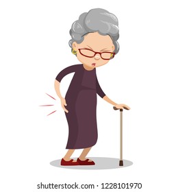 Aged woman suffering from pain in leg. Sad elderly woman wearing brown dress with walking stick. Unhealthy granny cartoon animated personage. Old female patient with hip pain vector illustration