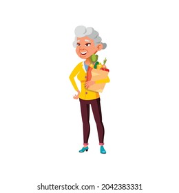 aged woman vegan with vegetables bag in market cartoon vector. aged woman vegan with vegetables bag in market character. isolated flat cartoon illustration