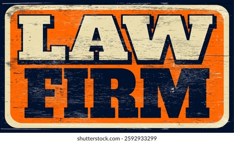 Aged and worn law firm sign on wood
