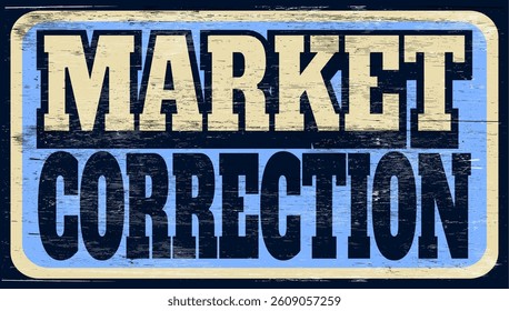 Aged and worn market correction sign on wood