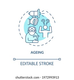 Ageing concept icon. Hearing loss cause idea thin line illustration. Age-related deafness. Presbycusis. Body functions changes with aging. Vector isolated outline RGB color drawing. Editable stroke