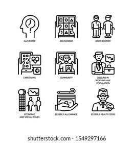 Ageing Society Icons Set Outline Style