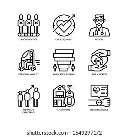 Ageing Society icons set outline style