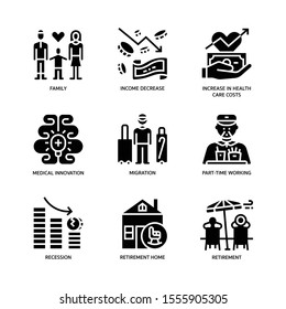 Ageing Society icons set solid style