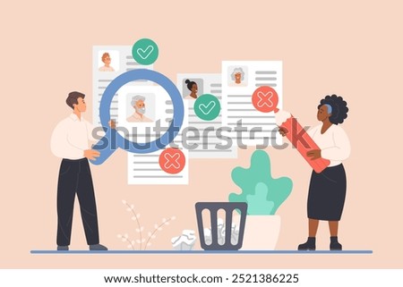Ageism and discrimination problem of employment, unequal rights and difficulty in career for senior people. Tiny HR team employees study candidates resumes with magnifier cartoon vector illustration