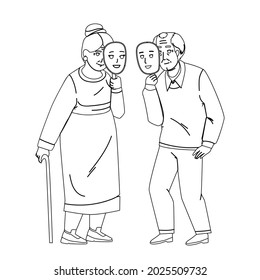 Ageism Of Elderly Man And Woman Couple Black Line Pencil Drawing Vector. Old Grandfather And Grandmother With Young People Face Mask, Ageism Social Problem. Characters Senior Retirement Illustration