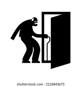 Ageism icon. Dismissal of pensioner. old man goes out door. Age discrimination sign