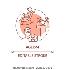 Ageism red concept icon. Age discrimination. Social injustice example abstract idea thin line illustration. Isolated outline drawing. Editable stroke. Arial, Myriad Pro-Bold fonts used