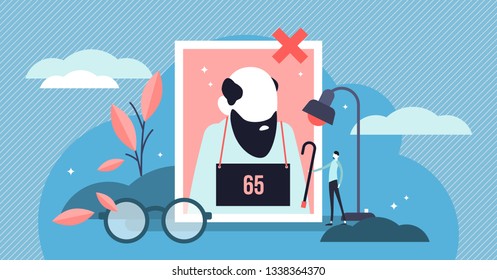 Ageism vector illustration. Flat tiny old persons discrimination concept. Elder employee stereotypes symbols and unfair career experience. Tolerance and society ethics integration. Stop rejected jobs.