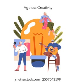 Ageless Creativity concept. Elderly individuals engaging in artistic pursuits, showcasing generational artistic expression. Art, music, and passion transcending age. Vector illustration.