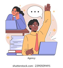Agency concept. Proactive employee raises hand with solution. Active involvement in generating leads. Teamwork in modern office setting. Flat vector illustration.