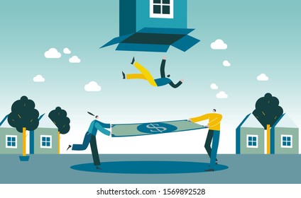 Agency pays home insurance. People catch a falling man with a trampoline. Accident cover by contract. Parents financially support child. Concept vector illustration EPS 10 isolated on white