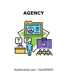 Agency Recruitment Vector Icon Concept. Agency Recruitment Business For Searching Employee For Company. Candidate Researching Cv And Interview. Recruiter Occupation Color Illustration