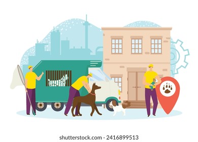 Agencia para el control de animales perdidos, ilustración vectorial. Hombre trabajador profesional: rescata perros de la calle de la ciudad, transporte en camión. Mascota sin hogar en jaulas, cuidado plano por el animal.