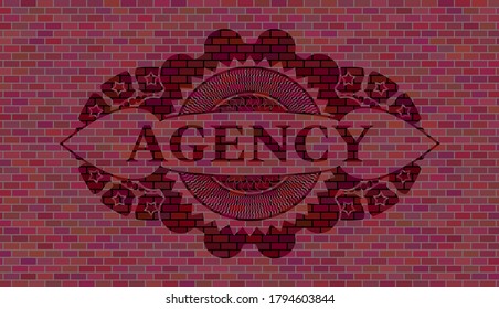 Texto de la agencia dentro de la placa de pared de ladrillo. Los azulejos son un bonito fondo. Ilustración intensa. 