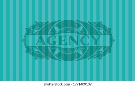 Agency text inside Turquoise color realistic emblem. Bars graceful background. Vector illustration. 