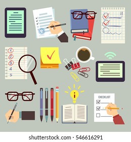 Agenda, appointment, pointing business list, organizer book, diary, calendar with event date, hands pen and pencil vector set.