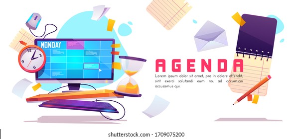 Agenda banner. Schedule planner, appointment events and daily work. Vector cartoon illustration with organizer on computer screen, clock, hourglass and paper notes. Concept of control business tasks