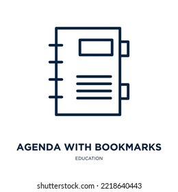 agenda with bookmarks icon from education collection. Thin linear agenda with bookmarks, agenda, bookmark outline icon isolated on white background. Line vector agenda with bookmarks sign, symbol for 