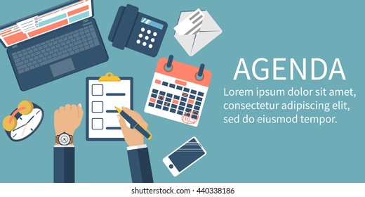 Agenda Concept. Businessman At Desktop Writing Agenda. Template, Banner For Web And Print. Vector Illustration, Flat Design. Writing In The Clipboard List, Time Control.