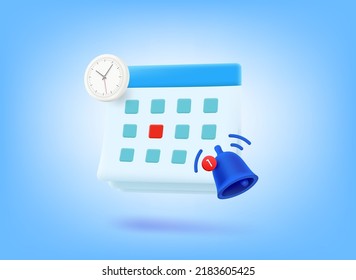 Agenda concept with calendar, bell and clock. 3d vector illustration