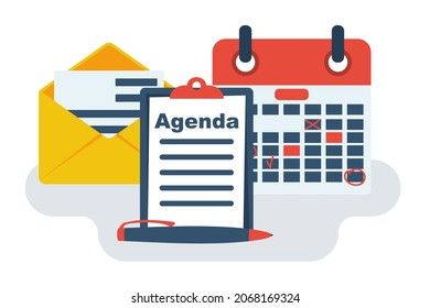 Agenda Concept. Template, Banner For Web And Print. Vector Illustration, Flat Design. Writing In The Clipboard List, Time Control. Action Plan, Calendar With Marks.