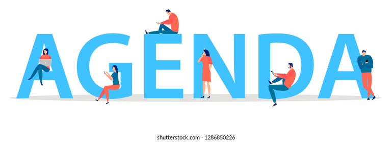 Agenda concept with young people standing near letters and using smart phone, laptop and digital tablet. Flat women and men with word symbols on white background – Vector 