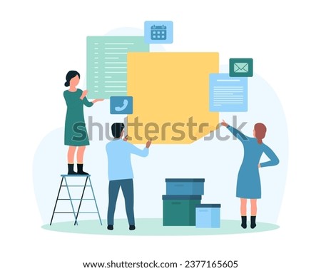 Agenda, daily planner with memo notes and calendar vector illustration. Cartoon tiny people make plan on paper pages and office stickers, employees pin important message and remind information