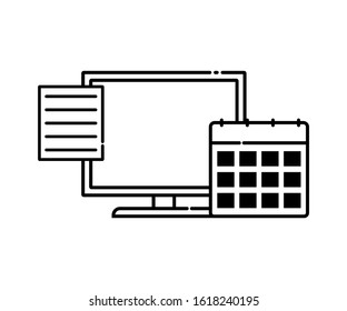 agenda icon on the laptop. Outline computer icons isolated calendar and notes icons