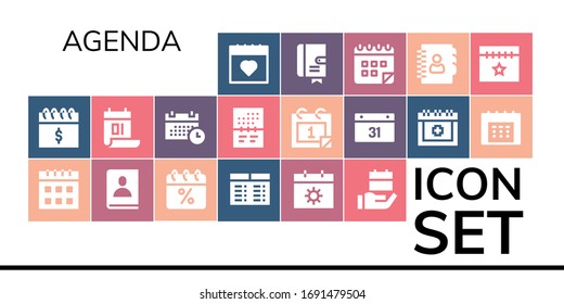 agenda icon set. 19 filled agenda icons.  Simple modern icons such as: Calendar, Agenda, Timetable, Schedule, Date