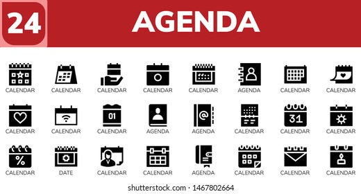 agenda icon set. 24 filled agenda icons.  Collection Of - Calendar, Agenda, Date