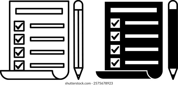 Agenda Icons. Black and White Vector Icons. To-Do List or Plan. Sheet of Paper with Check Marks and Pencil. Meeting and Office Concept