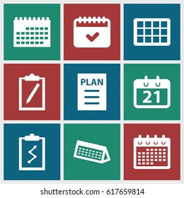 Agenda icons set. set of 9 agenda filled icons such as calendar, plan, clipboard with chart