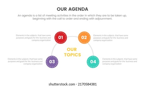 agenda infographic concept for slide presentation with 4 point list and circle center