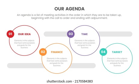 agenda infographic concept for slide presentation with 4 point list and circle horizontal direction