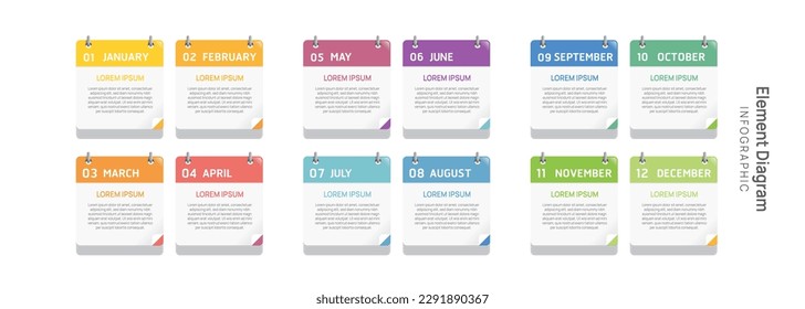 Plantilla de Infografía de Agenda para empresas. Calendario de diagrama de elementos de escala de tiempo moderno de 12 meses, infografía vectorial de presentación de hito de 4 trimestres.