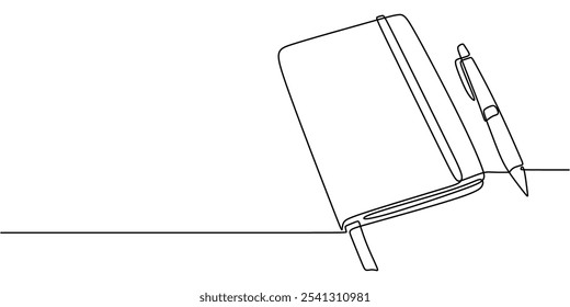 Agenda o diario representado con un bolígrafo a su lado en un dibujo continuo de una línea. Concepto de trabajo y oficina. Diseño minimalista dibujado a mano.