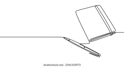 Agenda o diario ilustrado con un bolígrafo al lado en un dibujo continuo de una línea. Concepto de trabajo y oficina. Diseño minimalista dibujado a mano.