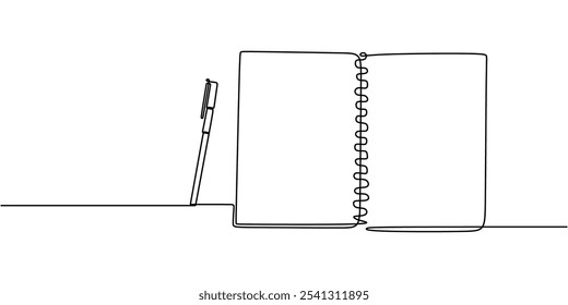 Agenda o diario con un bolígrafo al lado ilustrado en un dibujo continuo de una línea. Concepto de trabajo y oficina. Diseño minimalista dibujado a mano.