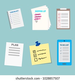 Agenda list concept vector illustration set business note ofiice calendar wishlist checklist shopping list plan to do just