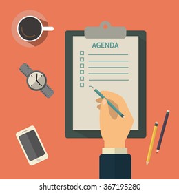 Agenda list concept vector illustration. Business concept with paper agenda, pen, coffee, watch, phone, clipboard in flat style. 